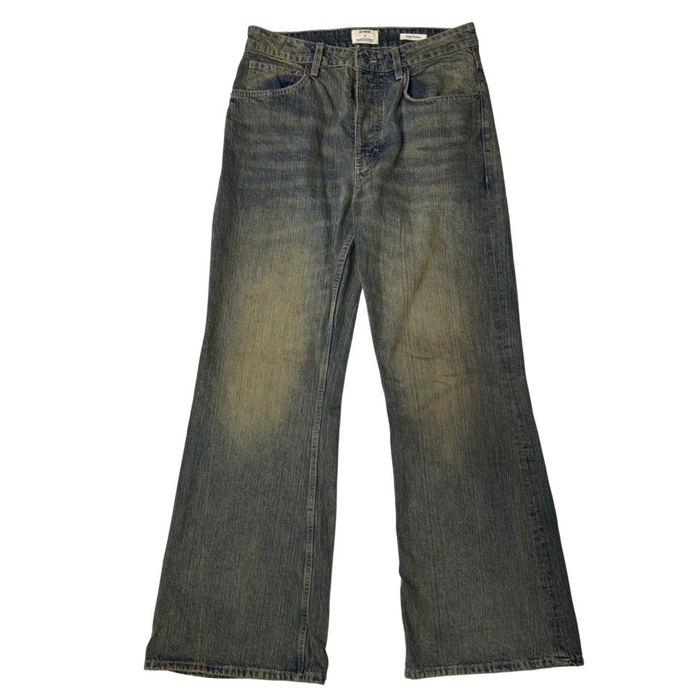 Vintage Fade Flare Denim Jeans Sandblasted Wash‎ Bootcut Pants Blue Distressed